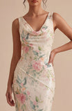 White Pink Flower Mermaid Sequin Wedding Guest Dress with Slit