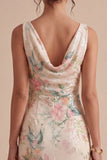 White Pink Flower Mermaid Sequin Wedding Guest Dress with Slit