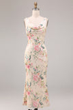White Pink Flower Mermaid Sequin Wedding Guest Dress with Slit