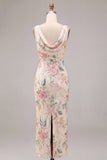 White Pink Flower Mermaid Sequin Wedding Guest Dress with Slit