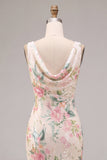White Pink Flower Mermaid Sequin Wedding Guest Dress with Slit