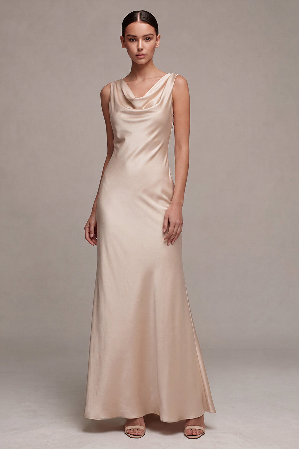 Wedtrend Women Champagne Mermaid Maxi Dress Cowl Neck Satin Bridesmaid Dress, Champagne / US26W