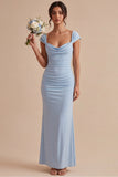 Sky Blue Mermaid Ruched Maxi Bridesmaid Dress with Cap Sleeves