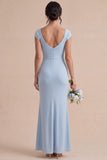 Sky Blue Mermaid Ruched Maxi Bridesmaid Dress with Cap Sleeves