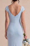 Sky Blue Mermaid Ruched Maxi Bridesmaid Dress with Cap Sleeves