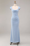 Sky Blue Mermaid Ruched Maxi Bridesmaid Dress with Cap Sleeves