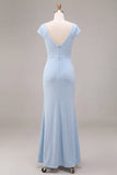 Sky Blue Mermaid Ruched Maxi Bridesmaid Dress with Cap Sleeves
