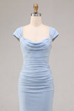 Sky Blue Mermaid Ruched Maxi Bridesmaid Dress with Cap Sleeves