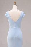 Sky Blue Mermaid Ruched Maxi Bridesmaid Dress with Cap Sleeves