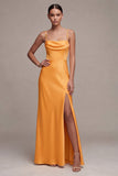 Orange Sheath Spaghetti Straps Satin Maxi Dress with Slit