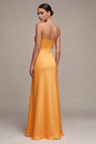 Orange Sheath Spaghetti Straps Satin Maxi Dress with Slit