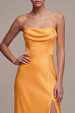 Orange Sheath Spaghetti Straps Satin Maxi Dress with Slit