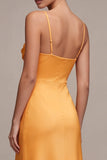 Orange Sheath Spaghetti Straps Satin Maxi Dress with Slit