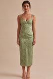 Sheath Light Green Floral Square Neck Midi Dress with Slit