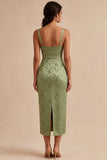 Sheath Light Green Floral Square Neck Midi Dress with Slit