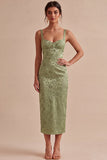 Sheath Light Green Floral Square Neck Midi Dress with Slit