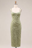 Sheath Light Green Floral Square Neck Midi Dress with Slit
