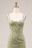 Sheath Light Green Floral Square Neck Midi Dress with Slit