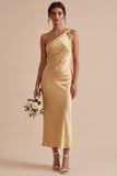 One Shoulder Gold Mermaid Midi Bridesmaid Dress