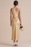 One Shoulder Gold Mermaid Midi Bridesmaid Dress