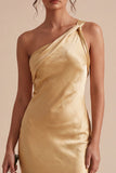 One Shoulder Gold Mermaid Midi Bridesmaid Dress