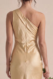 One Shoulder Gold Mermaid Midi Bridesmaid Dress
