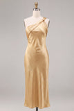 One Shoulder Gold Mermaid Midi Bridesmaid Dress