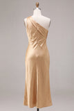 One Shoulder Gold Mermaid Midi Bridesmaid Dress