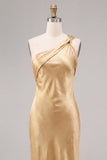 One Shoulder Gold Mermaid Midi Bridesmaid Dress