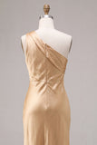 One Shoulder Gold Mermaid Midi Bridesmaid Dress