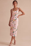 Sheath Pink Floral Square Neck Midi Wedding Guest Dress
