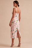 Sheath Pink Floral Square Neck Midi Wedding Guest Dress