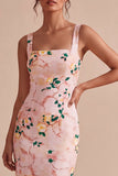 Sheath Pink Floral Square Neck Midi Wedding Guest Dress