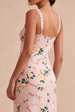 Sheath Pink Floral Square Neck Midi Wedding Guest Dress