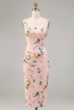 Sheath Pink Floral Square Neck Midi Wedding Guest Dress