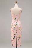 Sheath Pink Floral Square Neck Midi Wedding Guest Dress