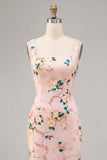 Sheath Pink Floral Square Neck Midi Wedding Guest Dress
