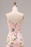 Sheath Pink Floral Square Neck Midi Wedding Guest Dress