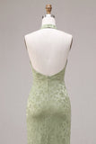 Light Green Halter Mermaid Floral Midi Dress