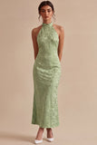 Light Green Halter Mermaid Floral Midi Dress