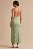 Light Green Halter Mermaid Floral Midi Dress