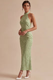 Light Green Halter Mermaid Floral Midi Dress