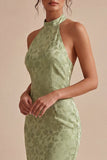Light Green Halter Mermaid Floral Midi Dress