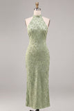 Light Green Halter Mermaid Floral Midi Dress