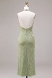 Light Green Halter Mermaid Floral Midi Dress