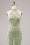 Light Green Halter Mermaid Floral Midi Dress