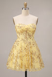 Strapless A Line Corset Sequin Yellow Homecoming Dress
