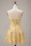 Strapless A Line Corset Sequin Yellow Homecoming Dress