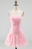 Pink Beaded A Line Strapless Short Homecoming Dress