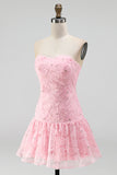 Pink Beaded A Line Strapless Short Homecoming Dress